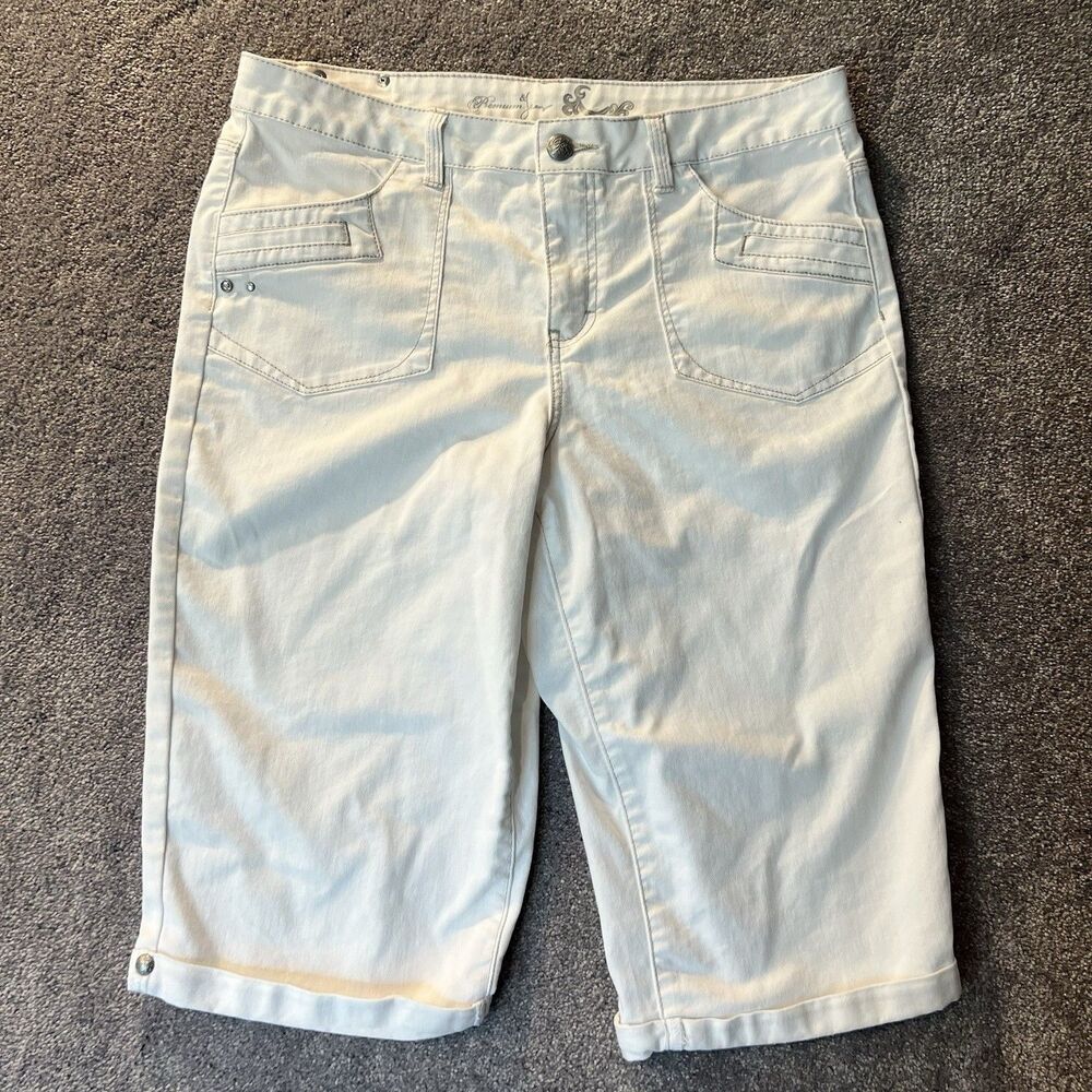 INC International Concepts Womens 14 White Denim Bermuda Shorts Rhinestone Fleur